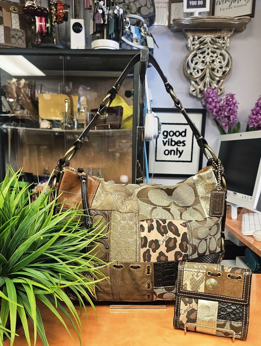 Coach Carly Brown Patchwork Signature & Leopard Accent Shoulder Bag